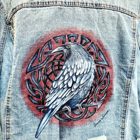 Raven Gothic Handpainted on new distressed denim jacket SZ XL womens Crow - Picture 3 of 10